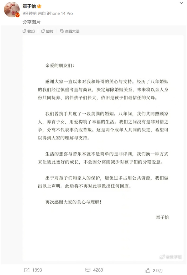 章子怡汪峰微博官宣离婚：避免占用过多公共资源  第2张
