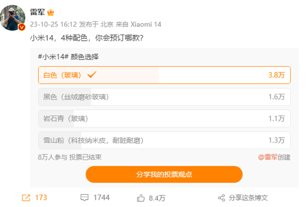 8万人参与雷军投票！小米14白色最受欢迎：3.8万人想买  第2张