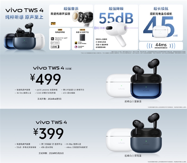 399元起 vivo TWS 4系列耳机发布：首创陶瓷钨原声振膜  第3张