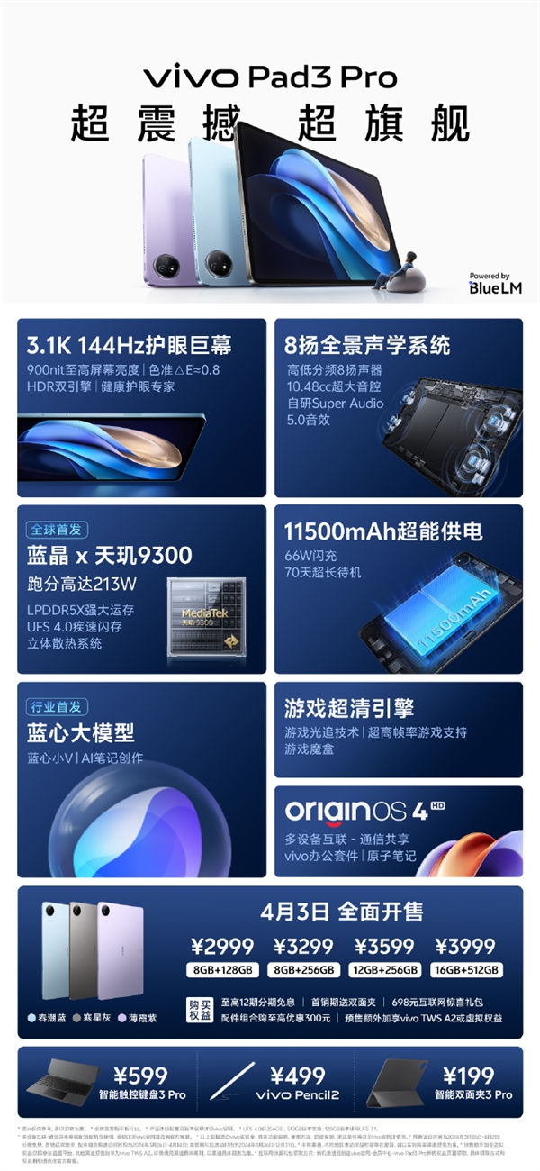 2999元起！vivo Pad3 Pro开售：首发天玑9300 超213万跑分行业唯一  第3张