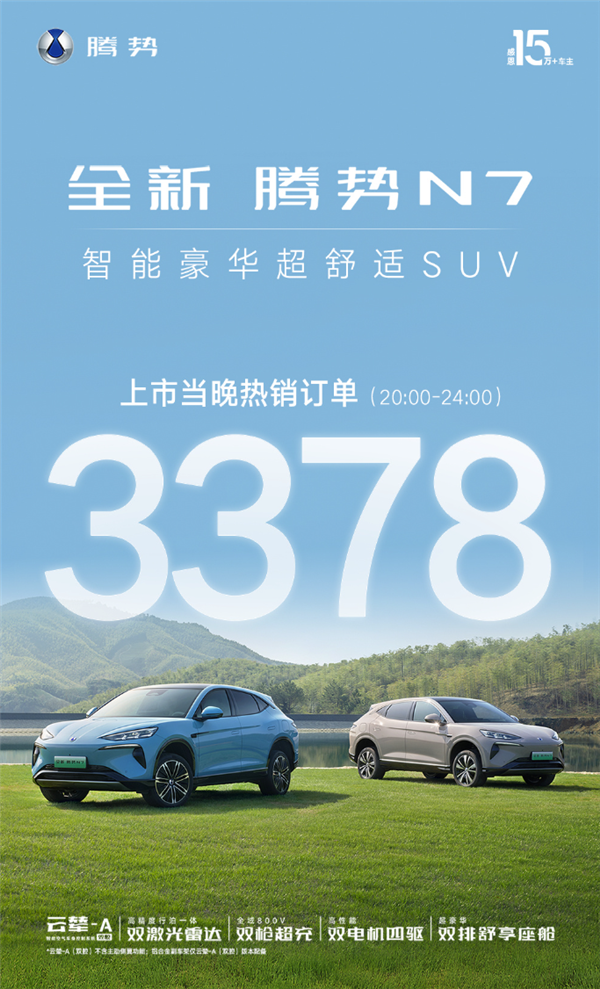 23.98万起竞争Model Y、小米SU7！新款腾势N7四小时订单3378台  第1张