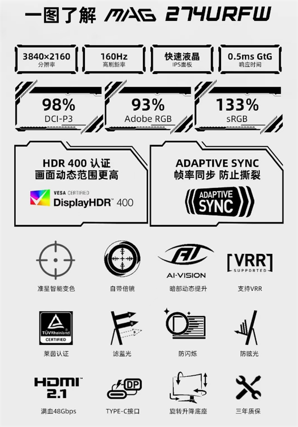 2499元三年质保！微星发布4K纯白显示器MAG 274URFW  第2张