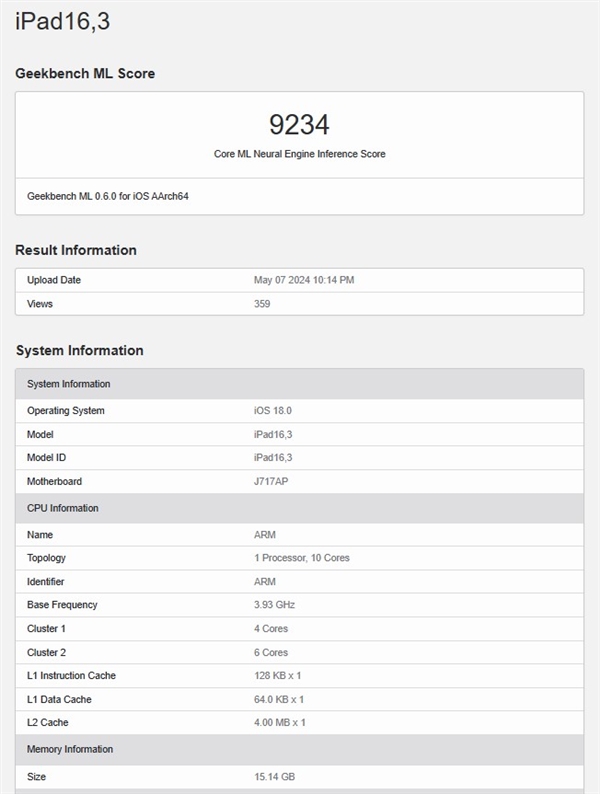 iPad Pro 2024现身Geekbench：全球首发10核M4 频率达3.93GHz  第2张