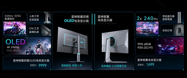 9999元 雷神银翼双模OLED电竞显示器发布：4K 240Hz/FHD 480Hz随心切换  第3张